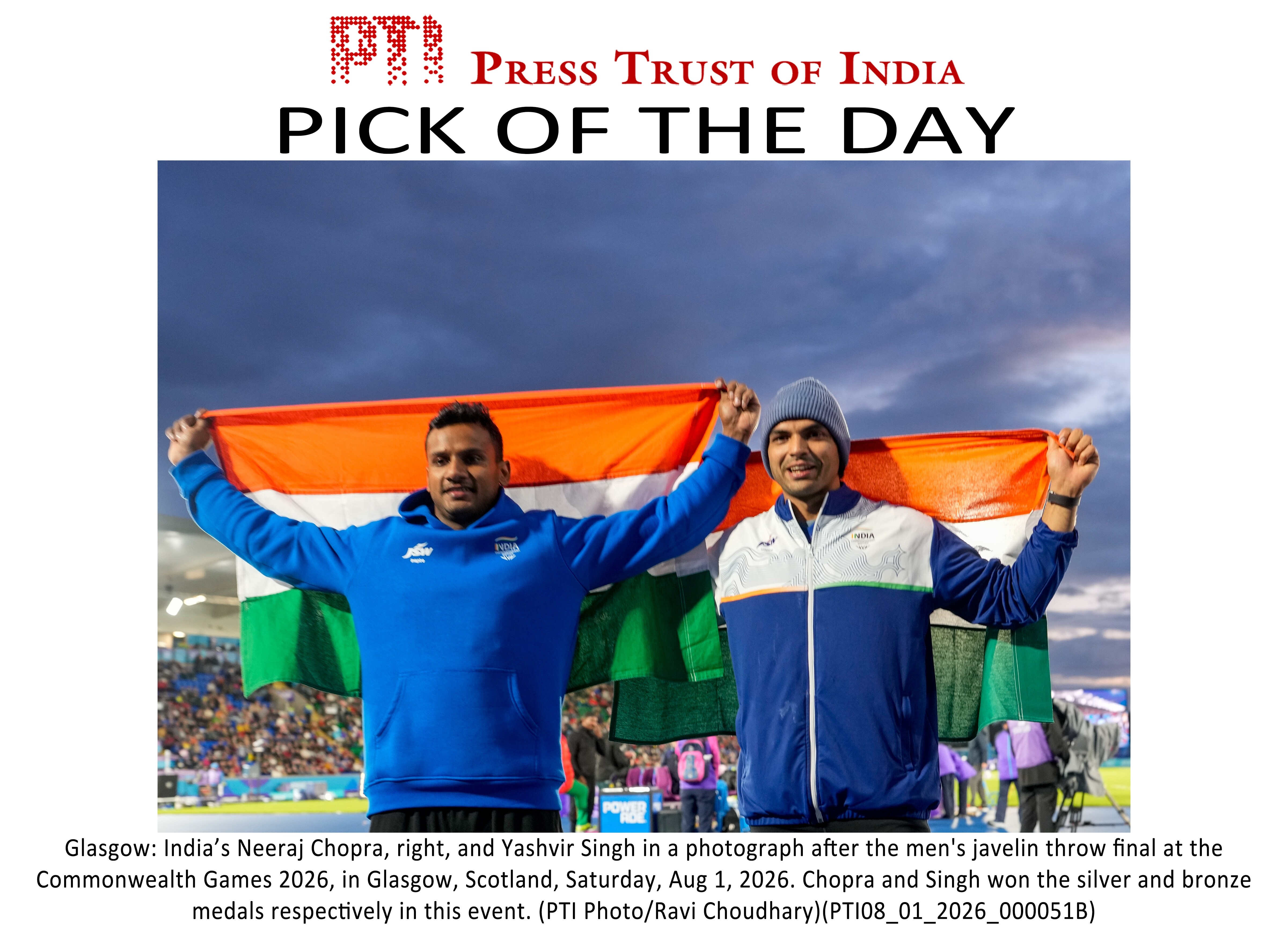 Neeraj Chopra, right, and Yashvir Singh in a photograph after the men's javelin throw final at the Commonwealth Games 2026, in Glasgow (PTI) Neeraj Chopra, right, and Yashvir Singh in a photograph after the men's javelin throw final at the Commonwealth Games 2026, in Glasgow (PTI)