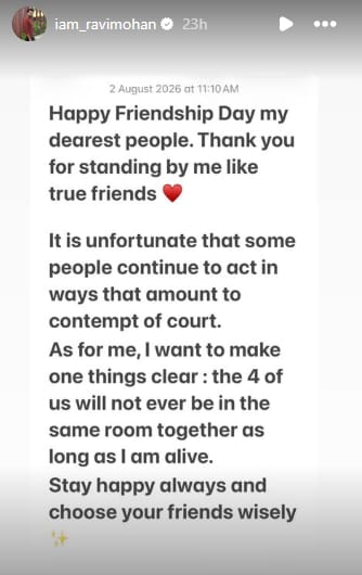 Ravi Mohan's cryptic note about the court case. Ravi Mohan's cryptic note about the court case.