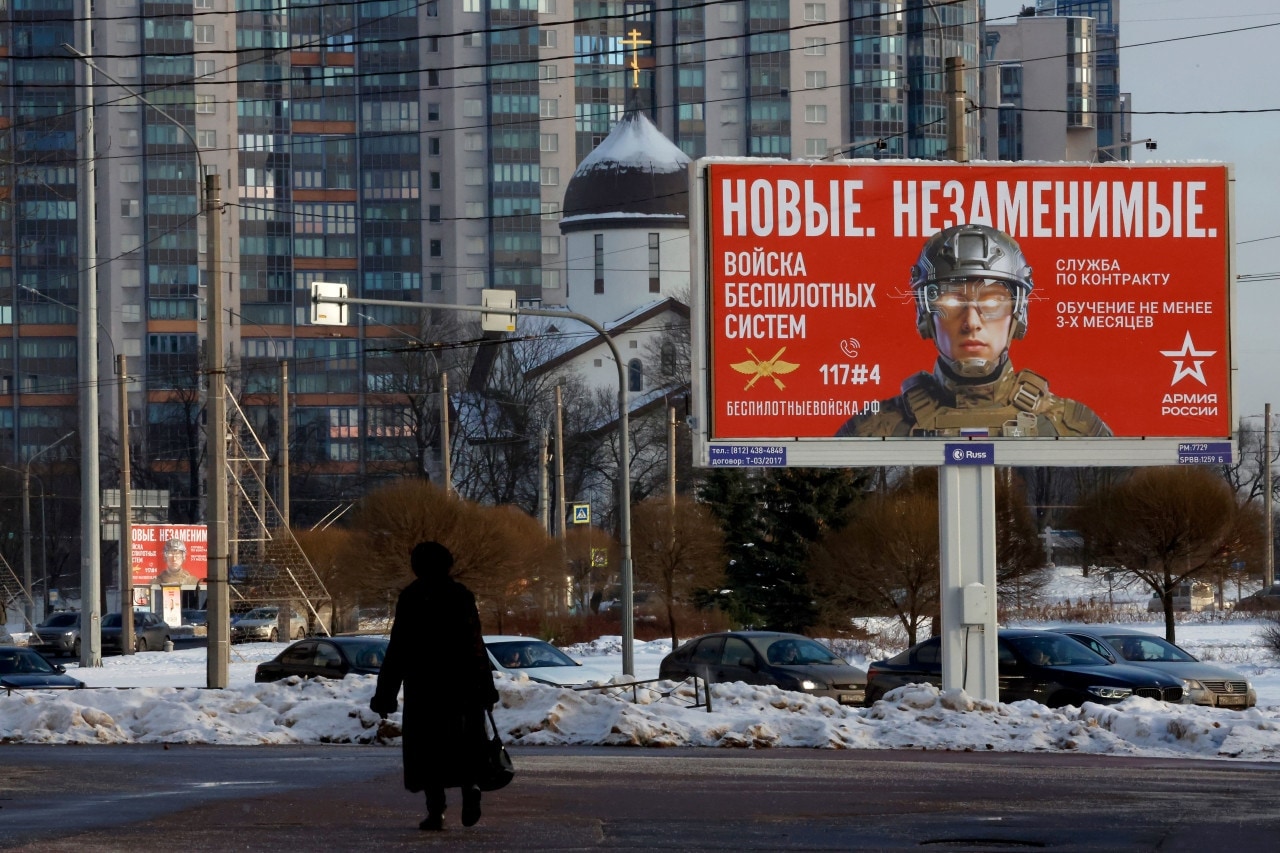 A billboard advertising contract military service in St. Petersburg, Russia. A billboard advertising contract military service in St. Petersburg, Russia.