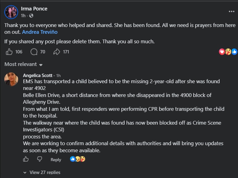 Screenshot of Irma Ponce's post along with the comment on the child being found. (Facebook/Irma Ponce) Screenshot of Irma Ponce's post along with the comment on the child being found. (Facebook/Irma Ponce)