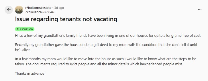 A Reddit user has sought legal advice after his grandfather transferred a house to his mother through a gift deed, raising questions about how to evict occupants who have been living in the property rent-free (Reddit Screenshot ) A Reddit user has sought legal advice after his grandfather transferred a house to his mother through a gift deed, raising questions about how to evict occupants who have been living in the property rent-free (Reddit Screenshot )