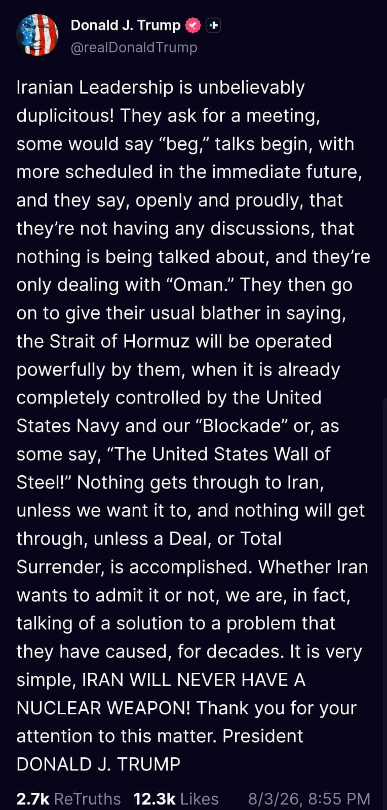 Iranian leadership is unbelievably duplicitous, Donald Trump said on Truth Social. (Truth Social) Iranian leadership is unbelievably duplicitous, Donald Trump said on Truth Social. (Truth Social)