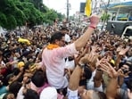Jan Suraaj Party (JSP) founder Prashant Kishor celebrates with party workers during a victory march as he takes the lead in the Bankipur assembly bypoll result, in Patna on Monday. 