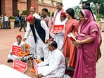 Parliament news highlights: Samajwadi Party National President Akhilesh Yadav, SP MP Dimple Yadav and other Opposition MPs stage a protest over the issue of alleged Ayodhya Ram Mandir donations embezzlement.