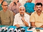 BJP leader Tikshan Sud along with other BJP leaders addressing mediapersons in Hoshiarpur on Monday.