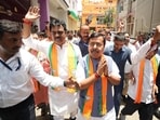 BJP national president Nitin Nabin campaigning door to door in support of party candidate Neeraj Kumar Sinha for Bankipur By-Election at Kadam Kuan in Patna on Juiy 26. (Santosh Kumar/ file photo)