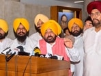 Chief minister Bhagwant Mann addresses the media on the opening day of the Punjab Assembly session, in Chandigarh, Punjab, Monday. (PTI) Chief minister Bhagwant Mann addresses the media on the opening day of the Punjab Assembly session, in Chandigarh, Punjab, Monday. (PTI)