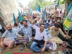 Contractual employees during a protest at the Bathinda bus depot on Monday. (HT photo)