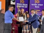 PGIMER director Prof Vivek Lal receiving the in Chandigarh on Monday. (HT Photo)