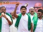 Thanjavur: LoP in the Tamil Nadu Legislative Assembly and Dravida Munnetra Kazhagam (DMK) youth wing secretary Udhayanidhi Stalin, centre, along with leaders of party�s alliance partners as they stage a protest against the Mekedatu Dam construction project, in Thanjavur, Tamil Nadu, Monday, Aug. 3, 2026. (PTI Photo)(PTI08_03_2026_000259A)(PTI)