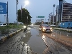 Potholes on a road in Gomti Nagar Extension-7 in Lucknow. (Deepak Gupta/HT Photo)