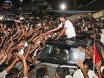 Tamil Nadu Leader of the Opposition Udhayanidhi Stalin being greeted by supporters after being questioned at the Sengipatti police station, in Thanjavur district, Tamil Nadu, Tuesday. (PTI)