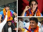 That’s how CWG stars received a warm welcome when they landed at Delhi’s IGI Airport. (Photos: PTI)