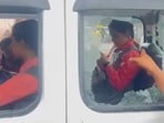 The van which was pelted with stones in Lucknow on Monday morning. (SOURCED)