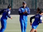 Wayne Lombard, the head of athletic performance for the women’s hockey team with the players (Hockey India)