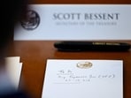 A notepad in front of Treasury Scott Bessent from a July 31 cabinet meeting at Camp David.