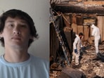 Aaron Farinacci's 2010 mugshot from Mesa, Arizona (L). Residents recover items from a home burned by the Old Trails Fire.(Mesa Police and Reuters)