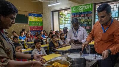Following reports of small glass pieces being found in a mid-day meal at a BMC school in Ghatkopar on July 30, a BMC food safety medical officer visited the school to inspect the meal preparation and quality of food on Tuesday. As part of the inspection, the officer, along with school teachers, tasted the food before it was served to students, while also checking hygiene and food safety measures to reassure children and parents. (Satish Bate/Hindustan Times) Following reports of small glass pieces being found in a mid-day meal at a BMC school in Ghatkopar on July 30, a BMC food safety medical officer visited the school to inspect the meal preparation and quality of food on Tuesday. As part of the inspection, the officer, along with school teachers, tasted the food before it was served to students, while also checking hygiene and food safety measures to reassure children and parents. (Satish Bate/Hindustan Times)