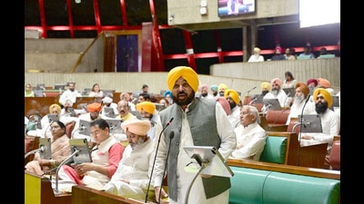 Punjab chief minister Bhagwant Mann address the house on the 2nd day of Monsoon session of Punjab in Chandigarh, India, on Tuesday. (Ravi KumarHT) Punjab chief minister Bhagwant Mann address the house on the 2nd day of Monsoon session of Punjab in Chandigarh, India, on Tuesday. (Ravi KumarHT)