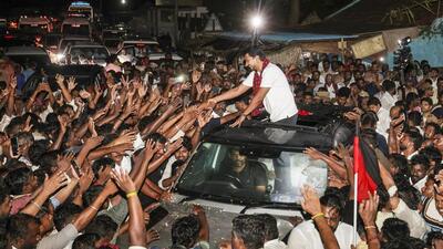 Tamil Nadu Leader of the Opposition Udhayanidhi Stalin being greeted by supporters after being questioned at the Sengipatti police station, in Thanjavur district, Tamil Nadu, Tuesday. (PTI) Tamil Nadu Leader of the Opposition Udhayanidhi Stalin being greeted by supporters after being questioned at the Sengipatti police station, in Thanjavur district, Tamil Nadu, Tuesday. (PTI)
