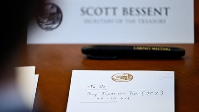 A notepad in front of Treasury Scott Bessent from a July 31 cabinet meeting at Camp David. A notepad in front of Treasury Scott Bessent from a July 31 cabinet meeting at Camp David.