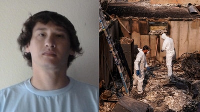 Aaron Farinacci's 2010 mugshot from Mesa, Arizona (L). Residents recover items from a home burned by the Old Trails Fire. (Mesa Police and Reuters) Aaron Farinacci's 2010 mugshot from Mesa, Arizona (L). Residents recover items from a home burned by the Old Trails Fire. (Mesa Police and Reuters)