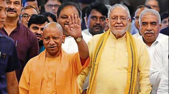 Chief minister Yogi Adityanath and finance minister Suresh Khanna at the Vidhan Bhavan, in Lucknow on Tuesday. (Deepak Gupta/HT Photo)