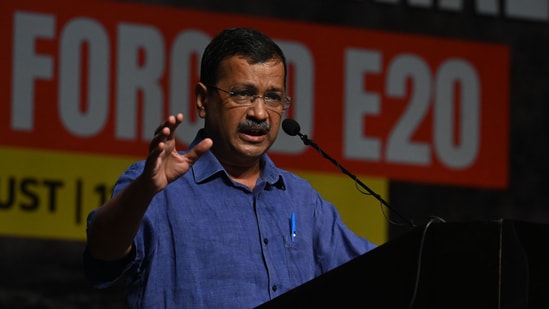 Arvind Kejriwal E20 protest LIVE: Aam Aadmi Party (AAP) national convener Arvind Kejriwal during the 'National Town Hall Against E20', at the Constitution Club, in New Delhi.