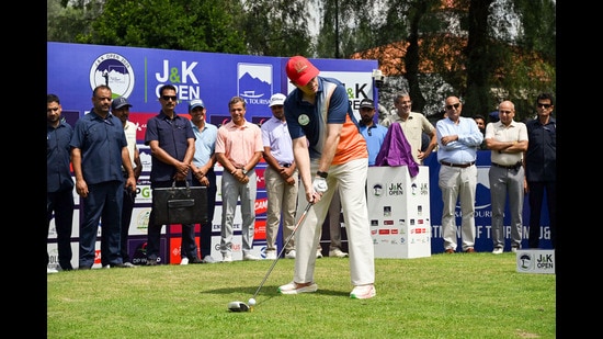 Jammu and Kashmir CM Omar Abdullah plays golf during the inauguration of the J&K Open PGTI Golf Tournament, in Srinagar on Tuesday. (ANI)
