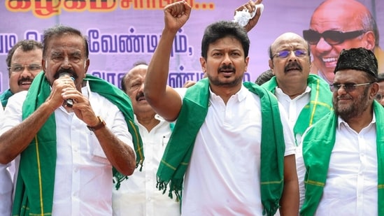 Thanjavur: LoP in the Tamil Nadu Legislative Assembly and Dravida Munnetra Kazhagam (DMK) youth wing secretary Udhayanidhi Stalin, centre, along with leaders of party�s alliance partners as they stage a protest against the Mekedatu Dam construction project, in Thanjavur, Tamil Nadu, Monday, Aug. 3, 2026. (PTI Photo)(PTI08_03_2026_000259A)