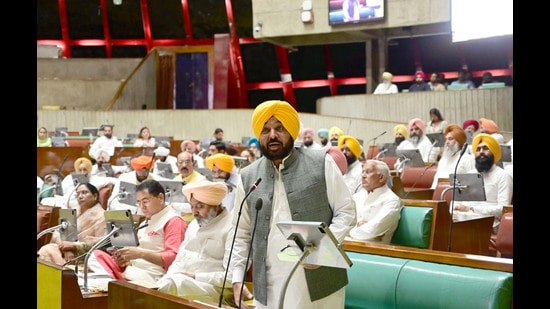 Punjab chief minister Bhagwant Mann address the house on the 2nd day of Monsoon session of Punjab in Chandigarh, India, on Tuesday. (Ravi KumarHT)
