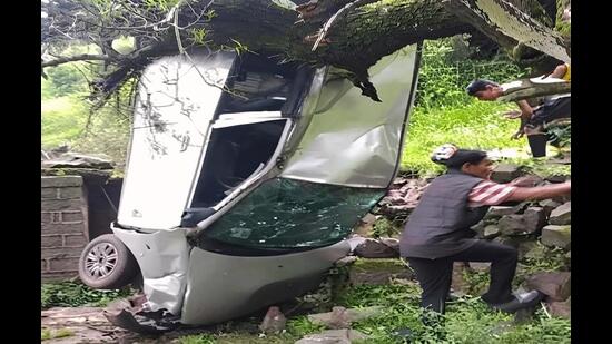 Three persons, Tapender Singh, 52, Prabha Devi, 50, and the driver Balwant Singh, 52, were in the car during the mishap. (HT Photo)