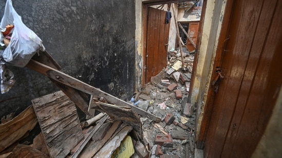 A view of the house where the roof of a single-storey building collapsed in Gali No. 2, JP Nagar, under the New Usmanpur police station area, resulting in the deaths of two tenants in New Delhi, India, on Monday, August 3, 2026. (HT Photos)