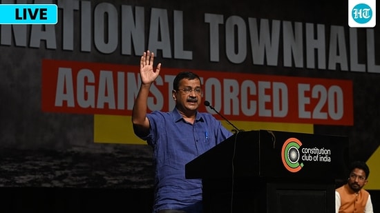 Arvind Kejriwal E20 protest LIVE: Aam Aadmi Party (AAP) national convener Arvind Kejriwal during the 'National Town Hall Against E20', at the Constitution Club, in New Delhi. Arvind Kejriwal E20 protest LIVE: Aam Aadmi Party (AAP) national convener Arvind Kejriwal during the 'National Town Hall Against E20', at the Constitution Club, in New Delhi.