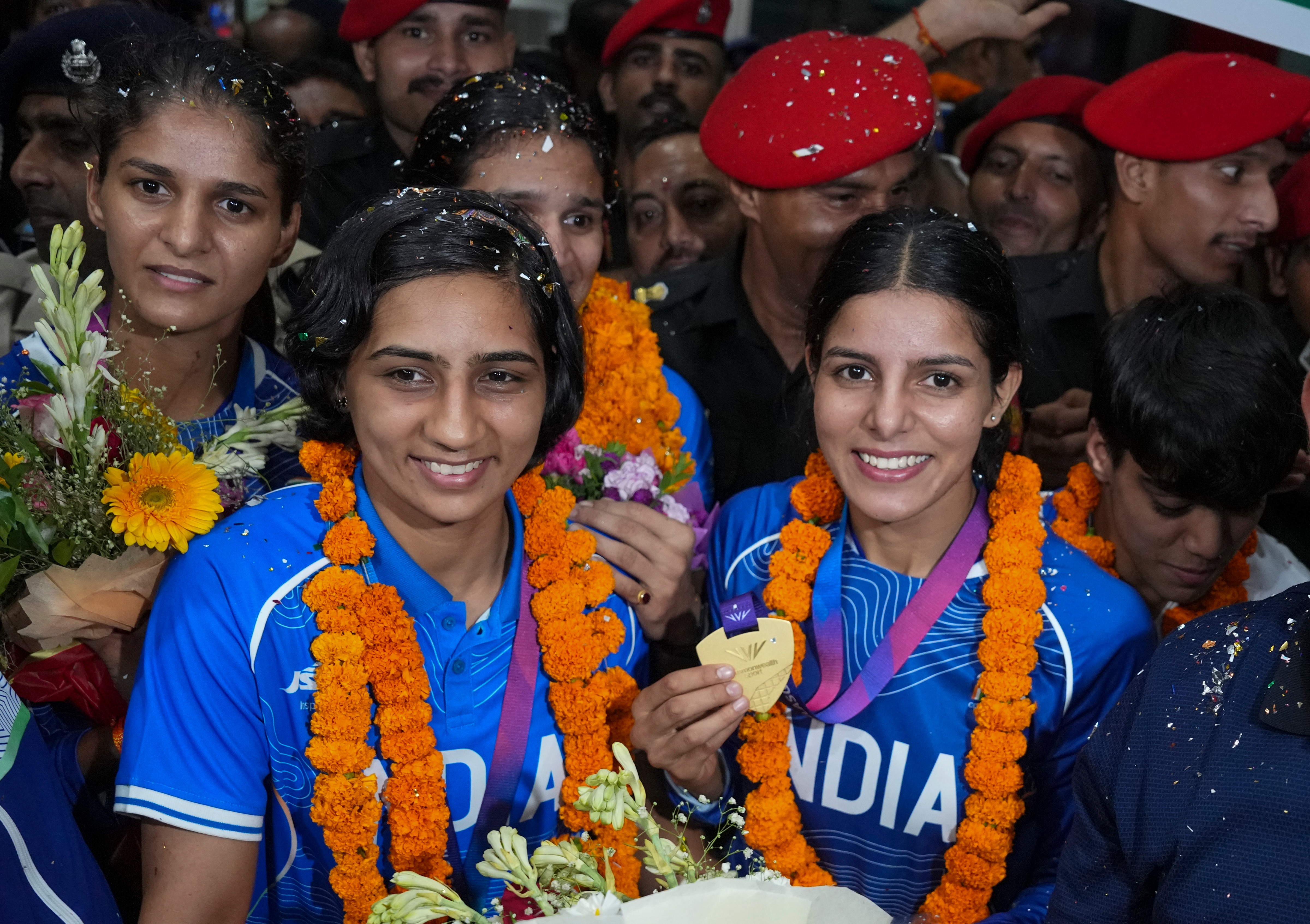Boxing gold medallists Preeti Pawar (L) and Sakshi Chaudhary (R) were all smiles on receiving a warm welcome after their noteworthy performance at the recent Glasgow Commonwealth Games 2026. (Photo: Atul Yadav/PTI) Boxing gold medallists Preeti Pawar (L) and Sakshi Chaudhary (R) were all smiles on receiving a warm welcome after their noteworthy performance at the recent Glasgow Commonwealth Games 2026. (Photo: Atul Yadav/PTI)