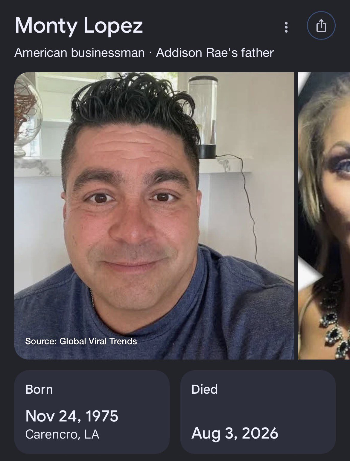 Monty Lopez's Google bio showed he passed away on August 3. (X/@addisonologist) Monty Lopez's Google bio showed he passed away on August 3. (X/@addisonologist)