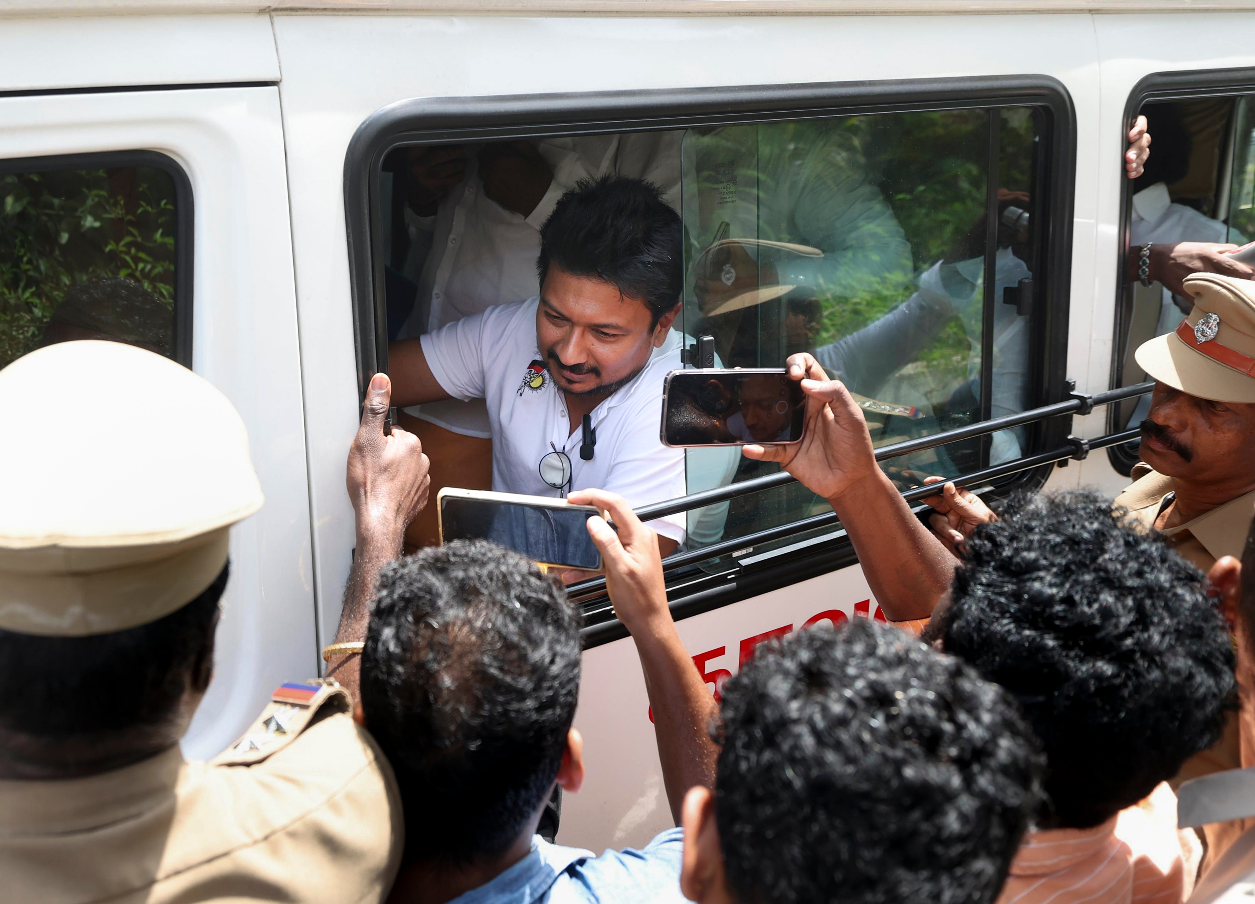 Former Tamil Nadu deputy chief minister Udhayanidhi Stalin after his arrest for alleged "double-meaning" remark alluding to popular actor Trisha and insulting her modesty, in Chennai (PTI) Former Tamil Nadu deputy chief minister Udhayanidhi Stalin after his arrest for alleged "double-meaning" remark alluding to popular actor Trisha and insulting her modesty, in Chennai (PTI)