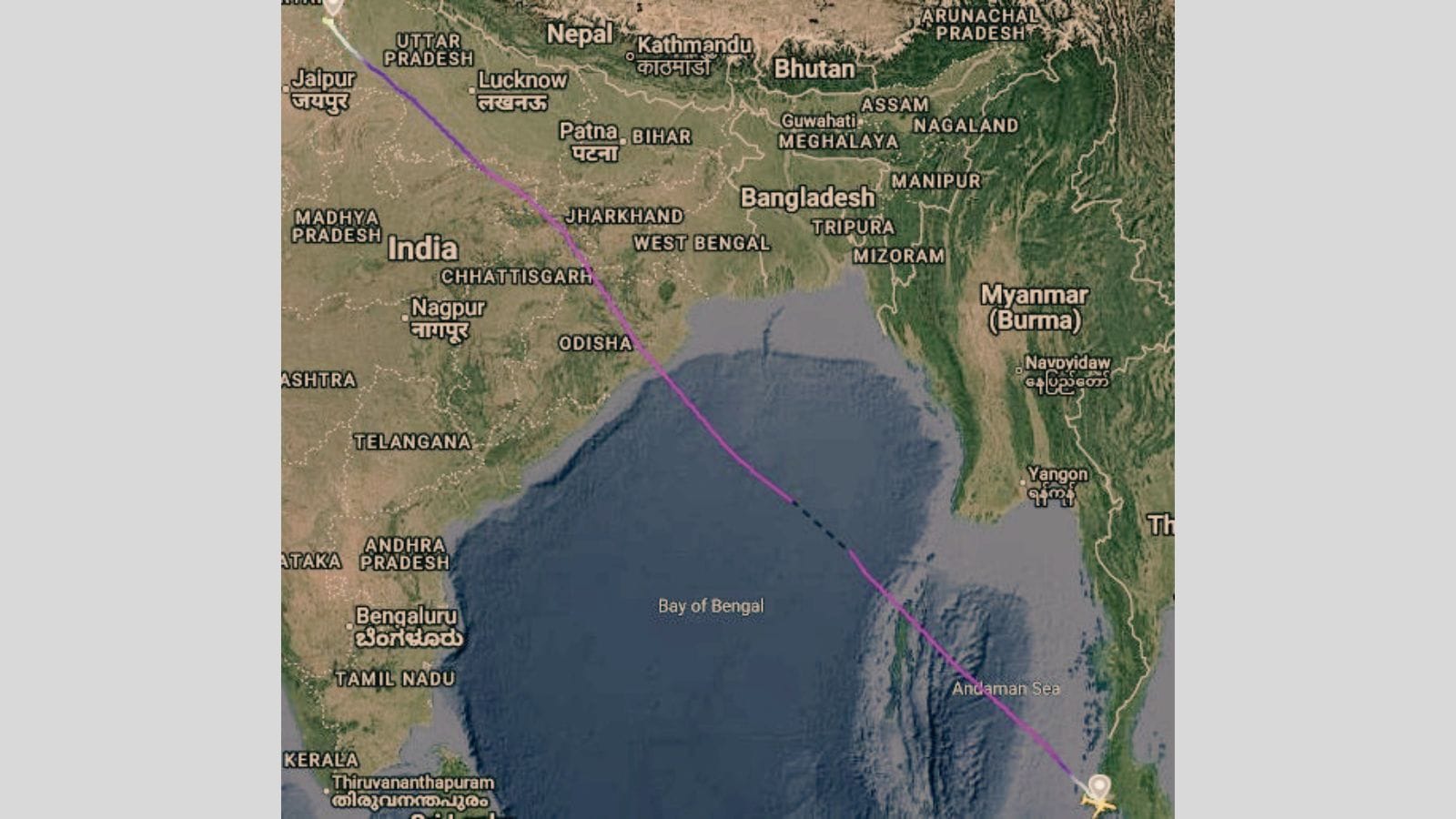 AI2379 crossed the Andaman Sea, over the Bay of Bengal, and flew into Indian airspace along the Odisha coast. (Courtesy: Screenshot/Flight path) AI2379 crossed the Andaman Sea, over the Bay of Bengal, and flew into Indian airspace along the Odisha coast. (Courtesy: Screenshot/Flight path)