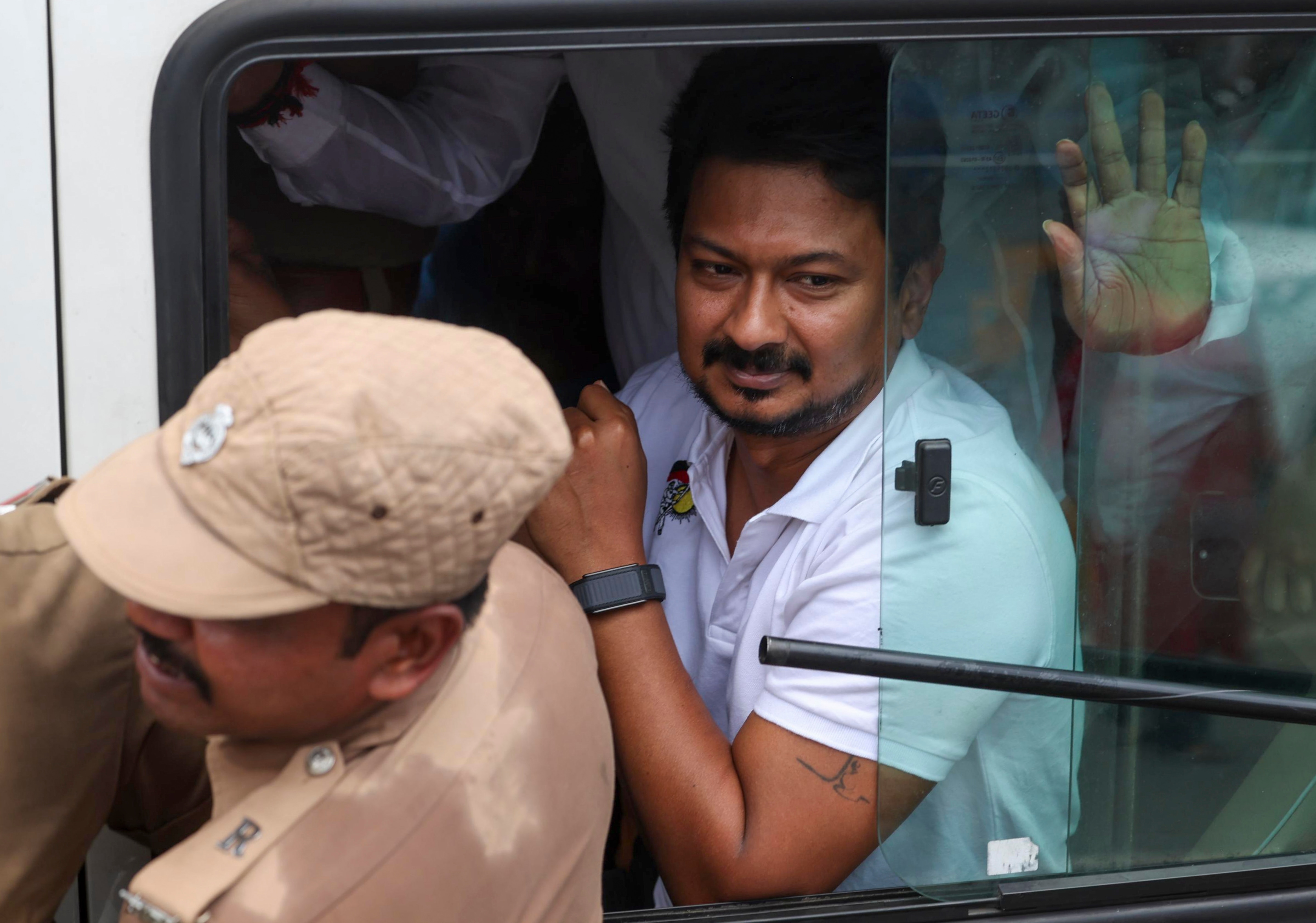 Udhayanidhi was arrested from his residence in Chennai at 10am and taken to Thanjavur (PTI) Udhayanidhi was arrested from his residence in Chennai at 10am and taken to Thanjavur (PTI)