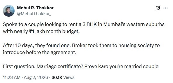 Mumbai housing society asks couple to submit marriage certificate before leasing apartment. (X post screenshot) Mumbai housing society asks couple to submit marriage certificate before leasing apartment. (X post screenshot)