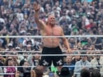Brock Lesnar reacts after being defeated by Oba Femi during their match during WrestleMania 42 at Allegiant Stadium on April 19, 2026 in Las Vegas(Getty Images via AFP)