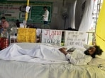 Ranchi, Aug 3 (ANI): Student leader Jai Ram Mahato stages a hunger strike protest against the alleged JPSC exam paper leak at Jaipal Singh Stadium, in Ranchi on Monday. (ANI Photo)(Somnath Sen)