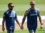England head coach Brendon McCullum and Ben Stokes during practice