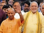Chief minister Yogi Adityanath and finance minister Suresh Khanna at the Vidhan Bhavan, in Lucknow on Tuesday. (Deepak Gupta/HT Photo)