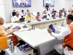 Chief minister Yogi Adityanath chairs a Cabinet meeting at his official residence, in Lucknow on Tuesday. (Sourced)