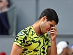Carlos Alcaraz reacts during his 2023 ATP Tour Madrid Open tennis tournament.