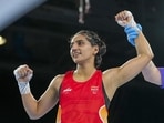 India's Preeti Pawar celebrates after winning a women's 54kg semifinal boxing match against Zambia's Catherine Mwape at the 23rd Commonwealth Games, in Glasgow. (PTI)