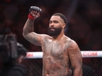 Gable Steveson of the United States celebrates a technical knock out during the first round against Elisha Ellison of the United States in their heavyweight bout during UFC 329 at T-Mobile Arena on July 11, 2026 in Las Vegas.(Getty Images via AFP)