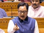 Union minister Kiren Rijiju speaks in the Lok Sabha.