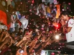 Tamil Nadu Leader of the Opposition Udhayanidhi Stalin being greeted by supporters after being questioned at the Sengipatti police station, in Thanjavur district, Tamil Nadu, Tuesday, Aug. 4, 2026.